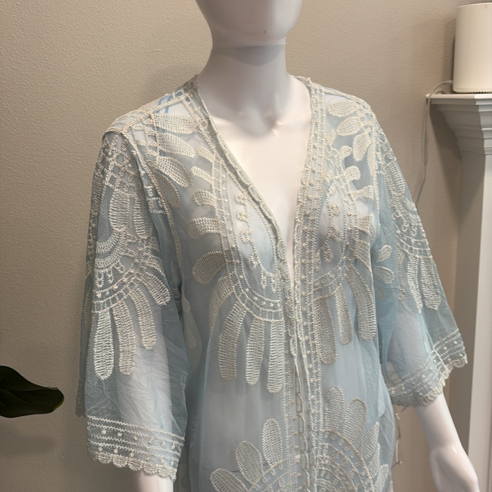 Rebellion Sheer Mesh Embroidered Beach Cover Up Cardigan Size M Blue Long Duster - Picture 8 of 14